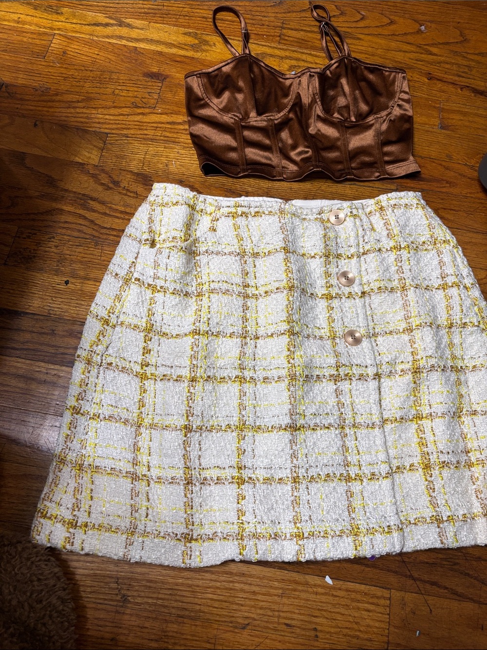 CAbi White Tweed Mini Skirt with Yellow Plaid